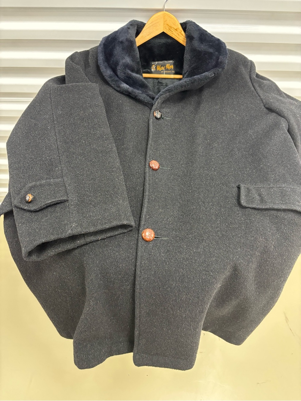Men's Black Wool Pea Coat with Plush Shawl Collar